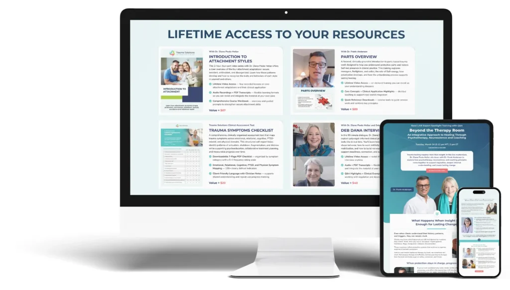 A computer monitor, tablet, and smartphone display online mental health resources, including videos, checklists, and guides, with "Lifetime Access to Your Resources" as the heading.