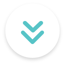 A turquoise double downward arrow icon on a white circular background.