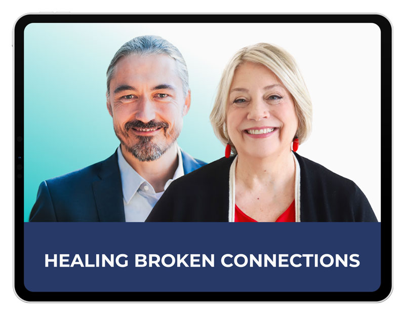 A man and a woman smiling in front of a gradient background, with the text "HEALING BROKEN CONNECTIONS" displayed below them.