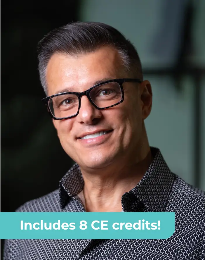 Smiling man with short hair and glasses wearing a patterned shirt. Text on image reads: "Includes 8 CE credits!.