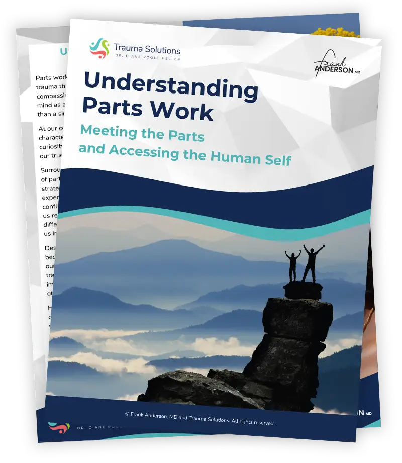 Cover of a guide titled "Understanding Parts Work" showing two people with raised arms standing on a rocky peak against a backdrop of mountains and clouds.