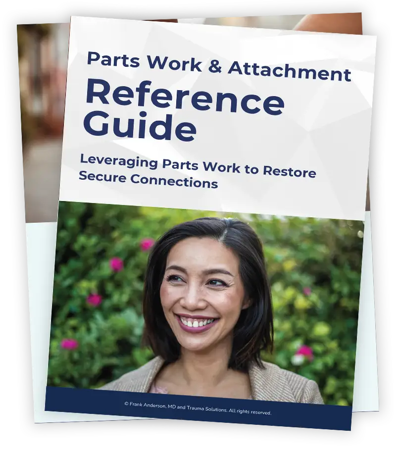 A brochure cover titled “Parts Work & Attachment Reference Guide” features a smiling woman with dark hair, standing outdoors with greenery in the background.