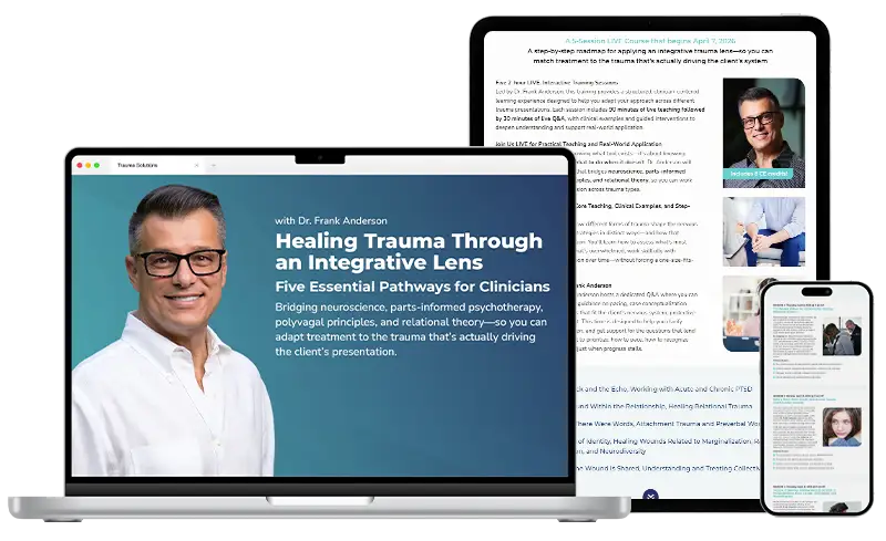 A laptop, tablet, and smartphone display a webinar titled "Healing Trauma Through an Integrative Lens" with Dr. Frank Anderson, featuring his photo and related articles or content on trauma healing.