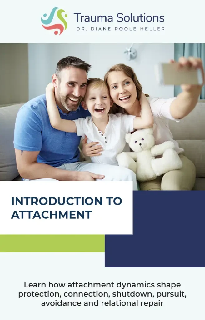 A smiling family of three sits on a couch taking a selfie together, under a workbook cover titled "Introduction to Attachment" from Trauma Solutions.