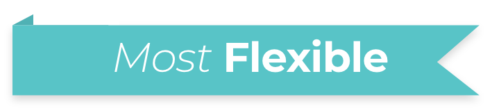 A teal ribbon banner with the words "Most Flexible" written in white text.