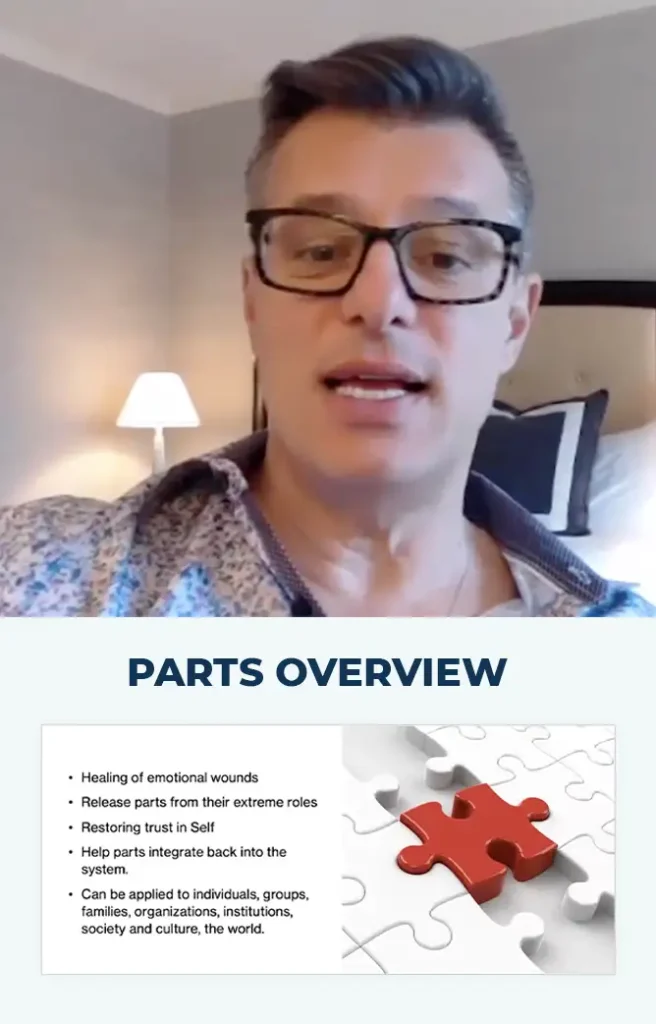 A person wearing glasses speaks on a video call; below is a slide titled "Parts Overview" with bullet points about healing emotional wounds and integrating parts of the self.