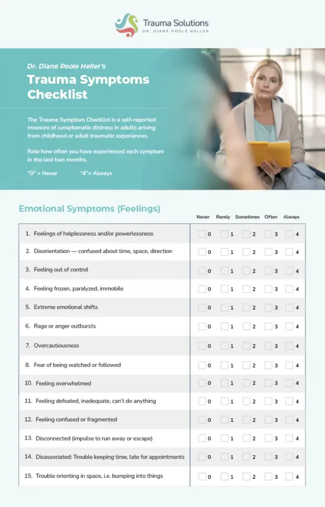A woman sits at a desk holding a folder beside a Trauma Symptoms Checklist form with a list of emotional symptoms and a frequency rating scale from 0 to 4.